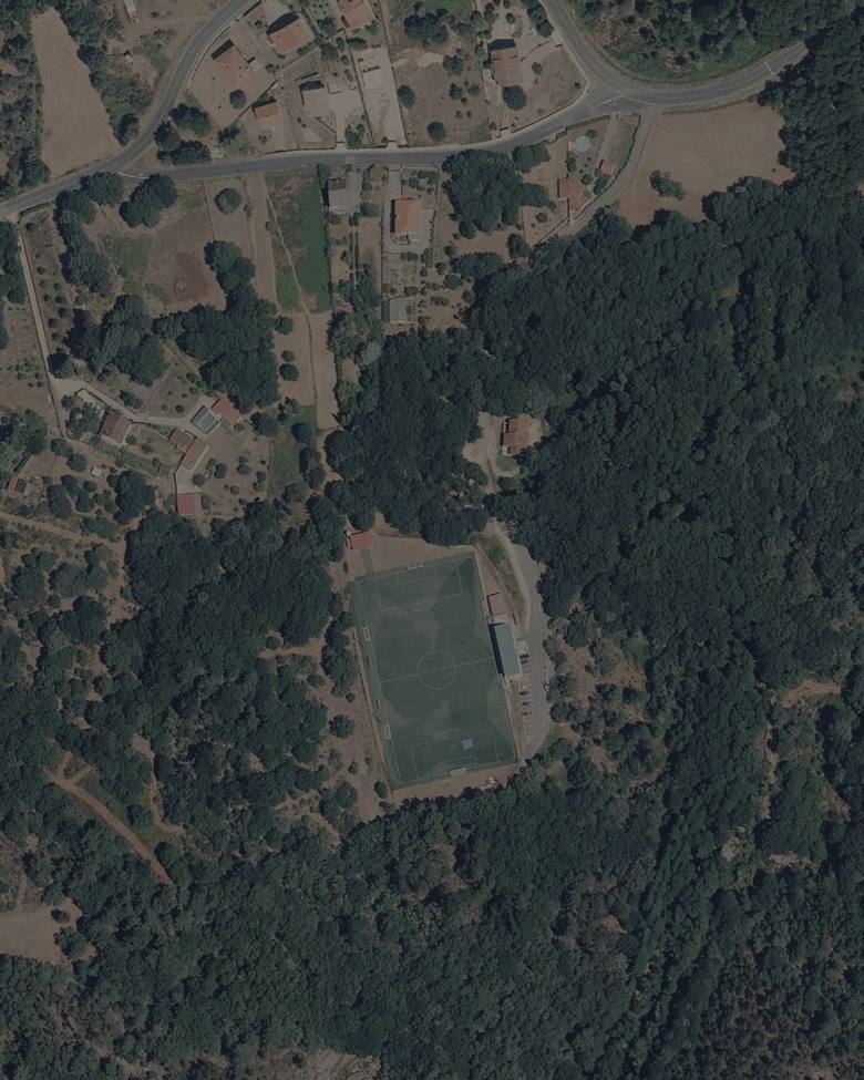 Foto aérea do campo, no medio do bosque, ao sur da estrada OU-0510 e ao oeste do río Loña.